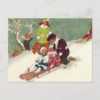 Vintage Christmas, Children Sledding in the Snow Holiday Postcard