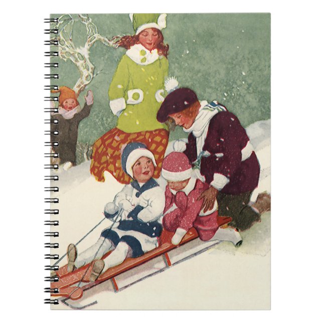 Vintage Christmas, Children Sledding in the Snow Notebook (Front)