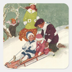 Vintage Christmas, Children Sledding in the Snow Square Sticker