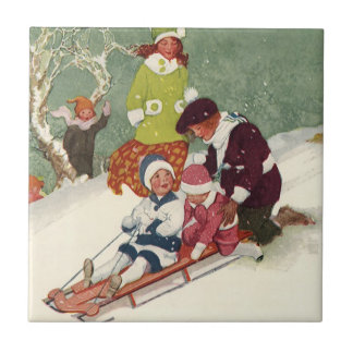 Vintage Christmas, Children Sledding in the Snow Tile