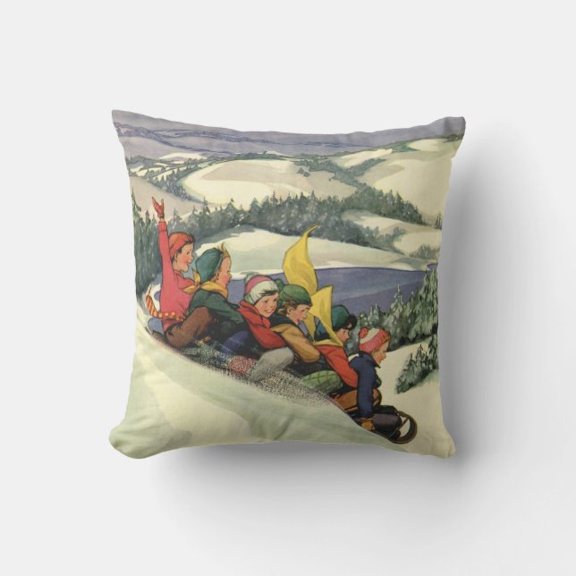 Vintage Christmas, Children Sledding on a Mountain Cushion (Front)