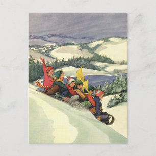 Vintage Christmas, Children Sledding on a Mountain Holiday Postcard