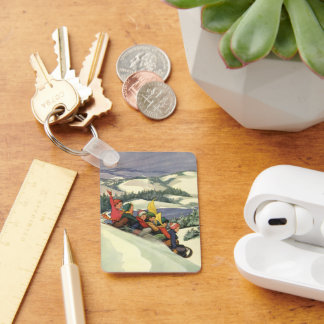 Vintage Christmas, Children Sledding on a Mountain Key Ring