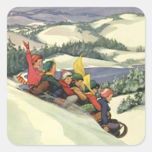 Vintage Christmas, Children Sledding on a Mountain Square Sticker