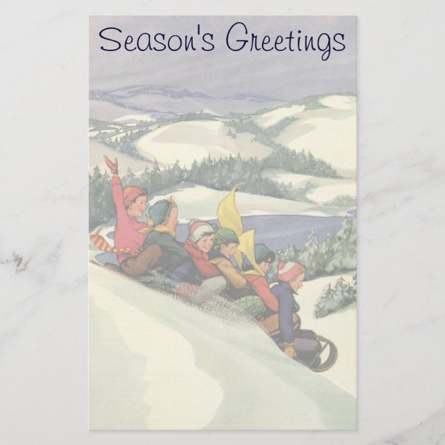 Vintage Christmas, Children Sledding on a Mountain Stationery (Front)