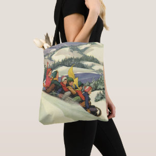 Vintage Christmas, Children Sledding on a Mountain Tote Bag