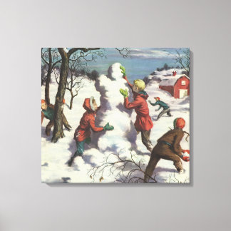 Vintage Christmas, Children Snowball Fight Canvas Print