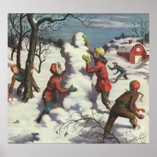 Vintage Christmas, Children Snowball Fight Poster