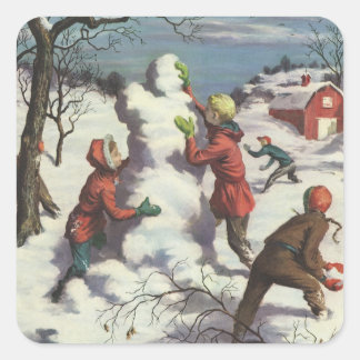 Vintage Christmas, Children Snowball Fight Square Sticker