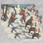 Vintage Christmas, Children Snowball Fight Wrapping Paper Sheet<br><div class="desc">Vintage illustration Merry Christmas holiday image featuring children having fun outside with a snowball fight. The kids are throwing snowballs and building a snowman on a winter day.</div>