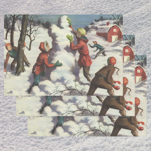 Vintage Christmas, Children Snowball Fight Wrapping Paper Sheet