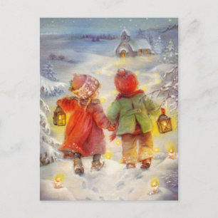 Vintage Christmas children Walking In The Snow Holiday Postcard