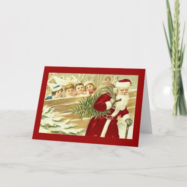 Vintage Christmas Children Watching Santa Claus Holiday Card (Front)