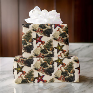 Vintage Christmas Children with Stars and Tree Wrapping Paper