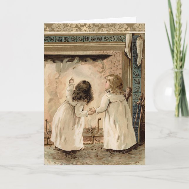 Vintage Christmas Chimney Stockings Girls Blank Holiday Card (Front)