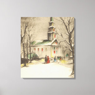 Vintage Christmas, Church in Winter Snowscape Canvas Print