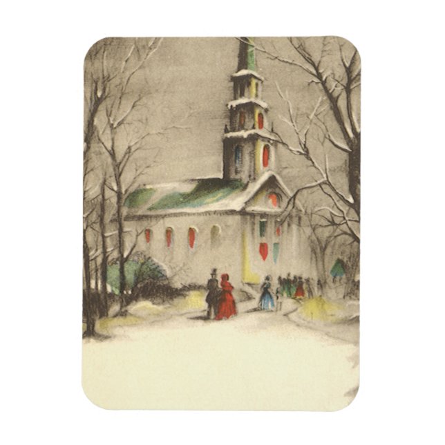 Vintage Christmas, Church in Winter Snowscape Magnet (Vertical)