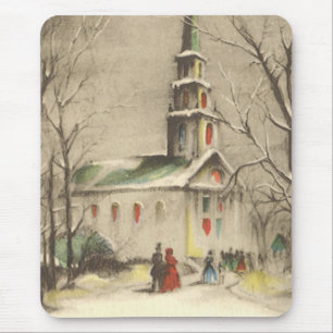 Vintage Christmas, Church in Winter Snowscape Mouse Pad