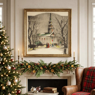 Vintage Christmas, Church in Winter Snowscape Poster