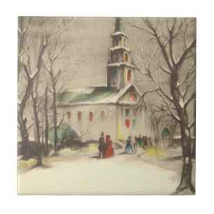 Vintage Christmas, Church in Winter Snowscape Tile