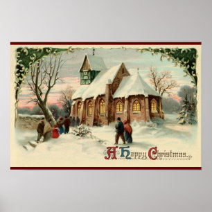 Vintage Christmas Church Parishioners at Dawn Mass Poster