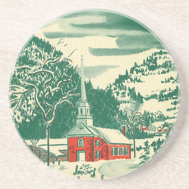 Vintage Christmas Church, Snowscape in Winter Coaster (Front)