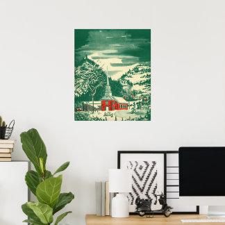 Vintage Christmas Church, Snowscape in Winter Poster