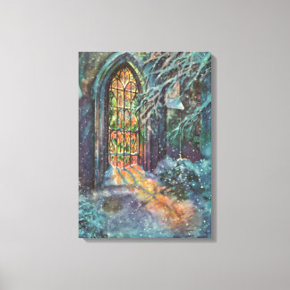 Vintage Christmas Church with Stained Glass Window Canvas Print