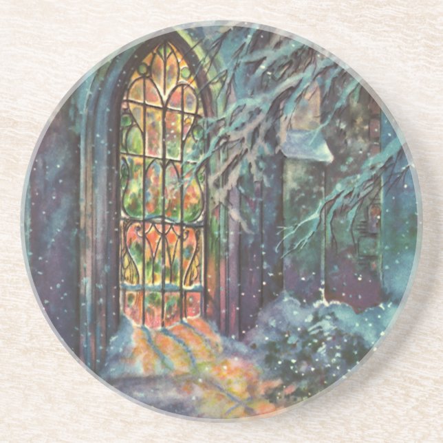 Vintage Christmas Church with Stained Glass Window Coaster (Front)