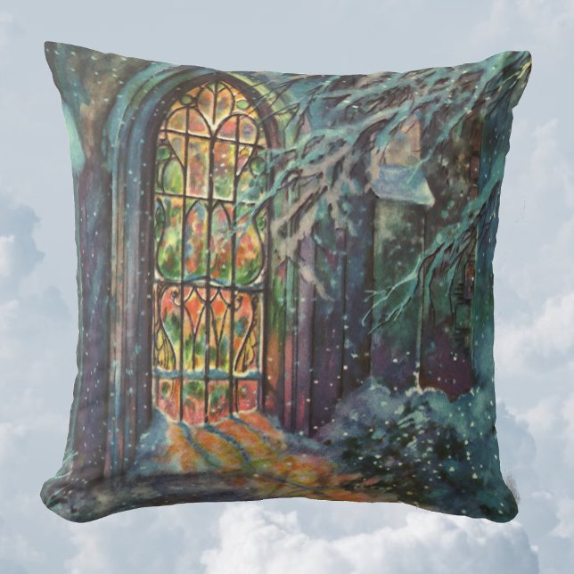 Vintage Christmas Church with Stained Glass Window Cushion (Creator Uploaded)