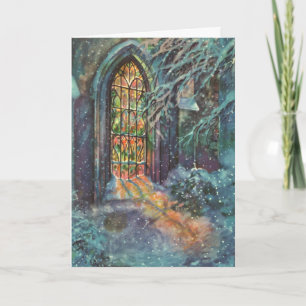 Vintage Christmas Church with Stained Glass Window Holiday Card