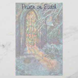 Vintage Christmas Church with Stained Glass Window Stationery