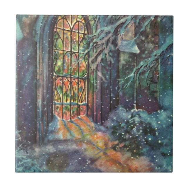 Vintage Christmas Church with Stained Glass Window Tile (Front)