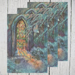 Vintage Christmas Church with Stained Glass Window Wrapping Paper Sheet<br><div class="desc">Vintage illustration Christmas holiday religious design featuring an architectural element,  a stained glass window snowscape. A beautiful chapel with light coming through on the new fallen snow outside in the winter season landscape.</div>