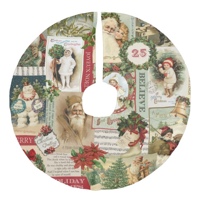 VINTAGE CHRISTMAS COLLAGE FAUX LINEN TREE SKIRT (Front)