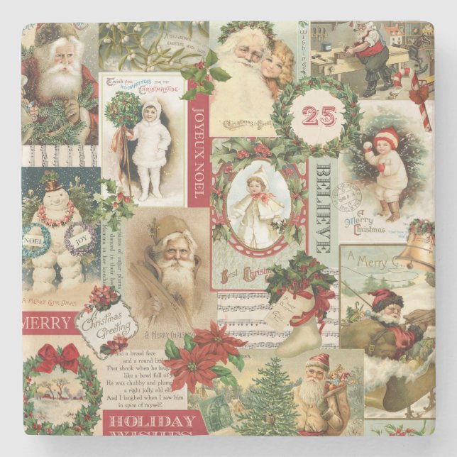 VINTAGE CHRISTMAS COLLAGE STONE COASTER (Front)