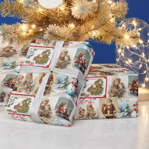 Vintage Christmas Collage with Santa and Children Wrapping Paper