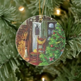 Vintage Christmas, Cosy Log Cabin with Fireplace Ceramic Tree Decoration