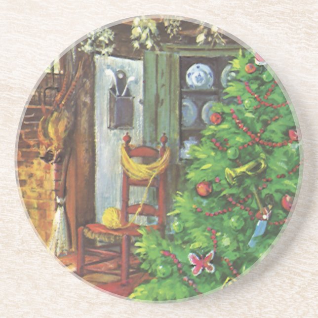 Vintage Christmas, Cosy Log Cabin with Fireplace Coaster (Front)