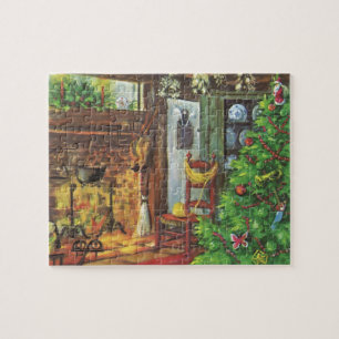 Vintage Christmas, Cosy Log Cabin with Fireplace Jigsaw Puzzle
