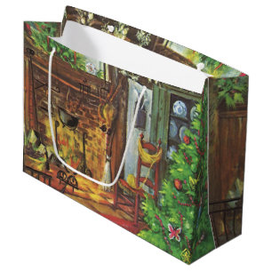 Vintage Christmas, Cosy Log Cabin with Fireplace Large Gift Bag
