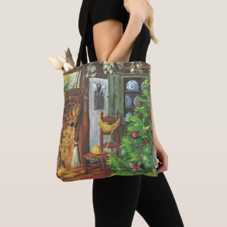 Vintage Christmas, Cosy Log Cabin with Fireplace Tote Bag