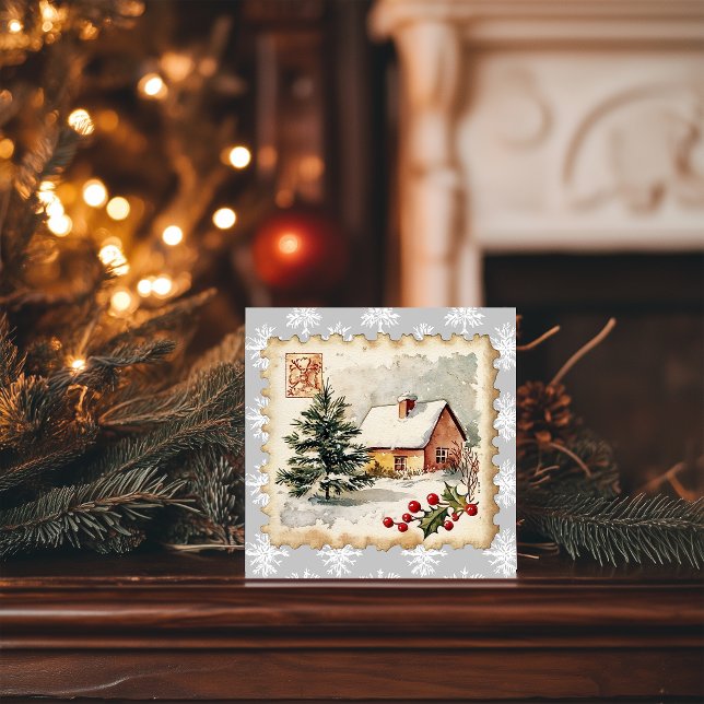Vintage Christmas Cottage Postage Stamp Holiday Card (Creator Uploaded)