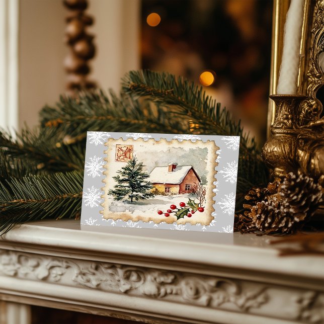 Vintage Christmas Cottage Postage Stamp Holiday Postcard (Creator Uploaded)