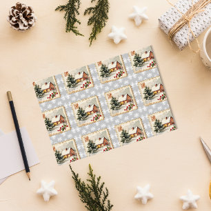 Vintage Christmas Cottage Postage Stamp  Tissue Paper