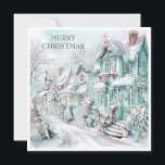 Vintage Christmas Cottages Snow Teal Pink White Holiday Card<br><div class="desc">Elegant vintage teal, pink, blue, and white Christmas scene with a street of pretty cottage covered with snow. Text "Merry Christmas" is on the front, and is fully customisable. So add any holiday greeting you wish. Personalised on the back with your message and name. Contact me for assistance with your...</div>