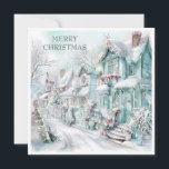 Vintage Christmas Cottages Snow Teal Pink White Holiday Card<br><div class="desc">Elegant vintage teal, pink, blue, and white Christmas scene with a street of pretty cottage covered with snow. Text "Merry Christmas" is on the front, and is fully customisable. So add any holiday greeting you wish. Personalised on the back with your message and name. Contact me for assistance with your...</div>