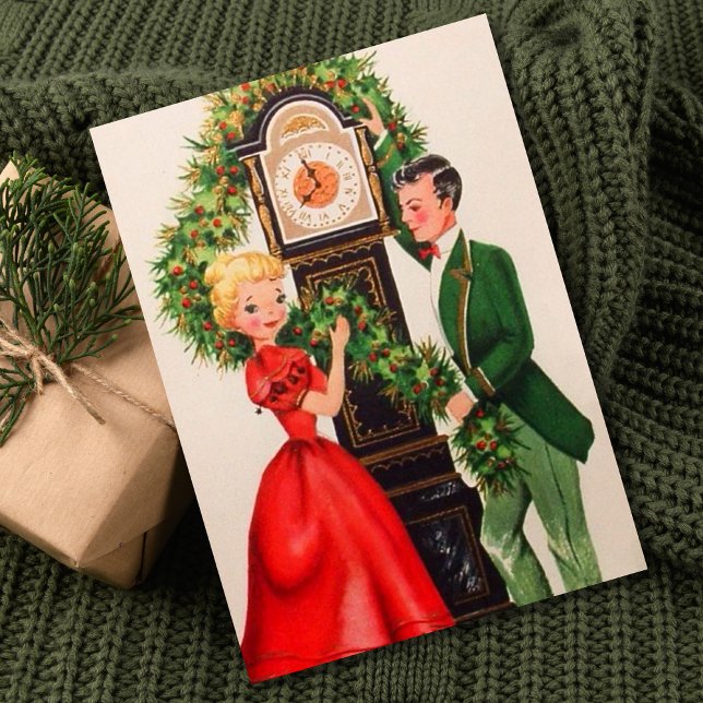 Vintage Christmas Couple By Clock Holiday Card (Creator Uploaded)