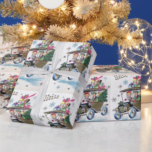 Vintage Christmas Couple Driving With Gifts Wrapping Paper (Holidays)