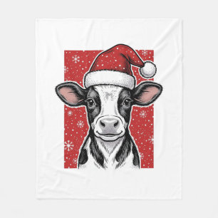 Vintage Christmas Cow Santa Hat Holiday Shirt (2)_ Fleece Blanket